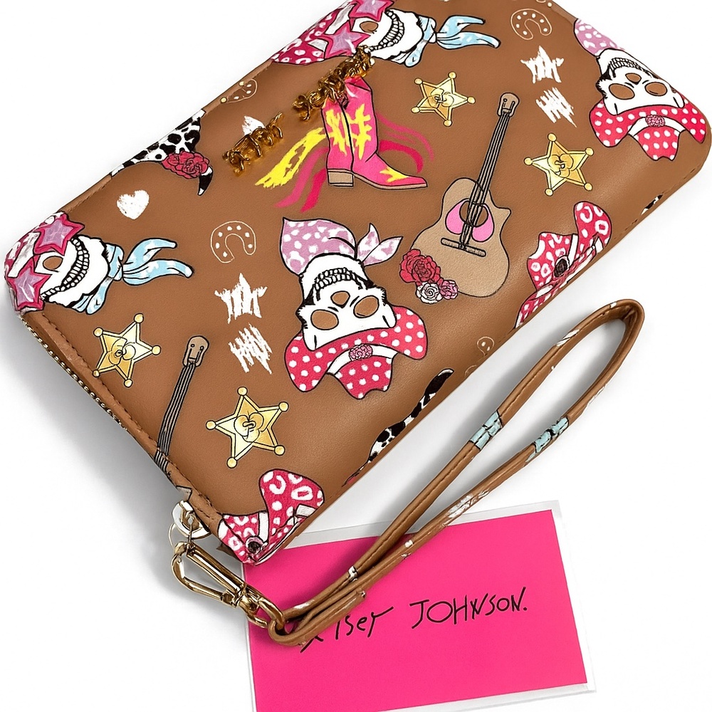 Betsey Johnson Western Skull Wallet Wristlet Cowboy Cowgirl Brown Zip Around NWT